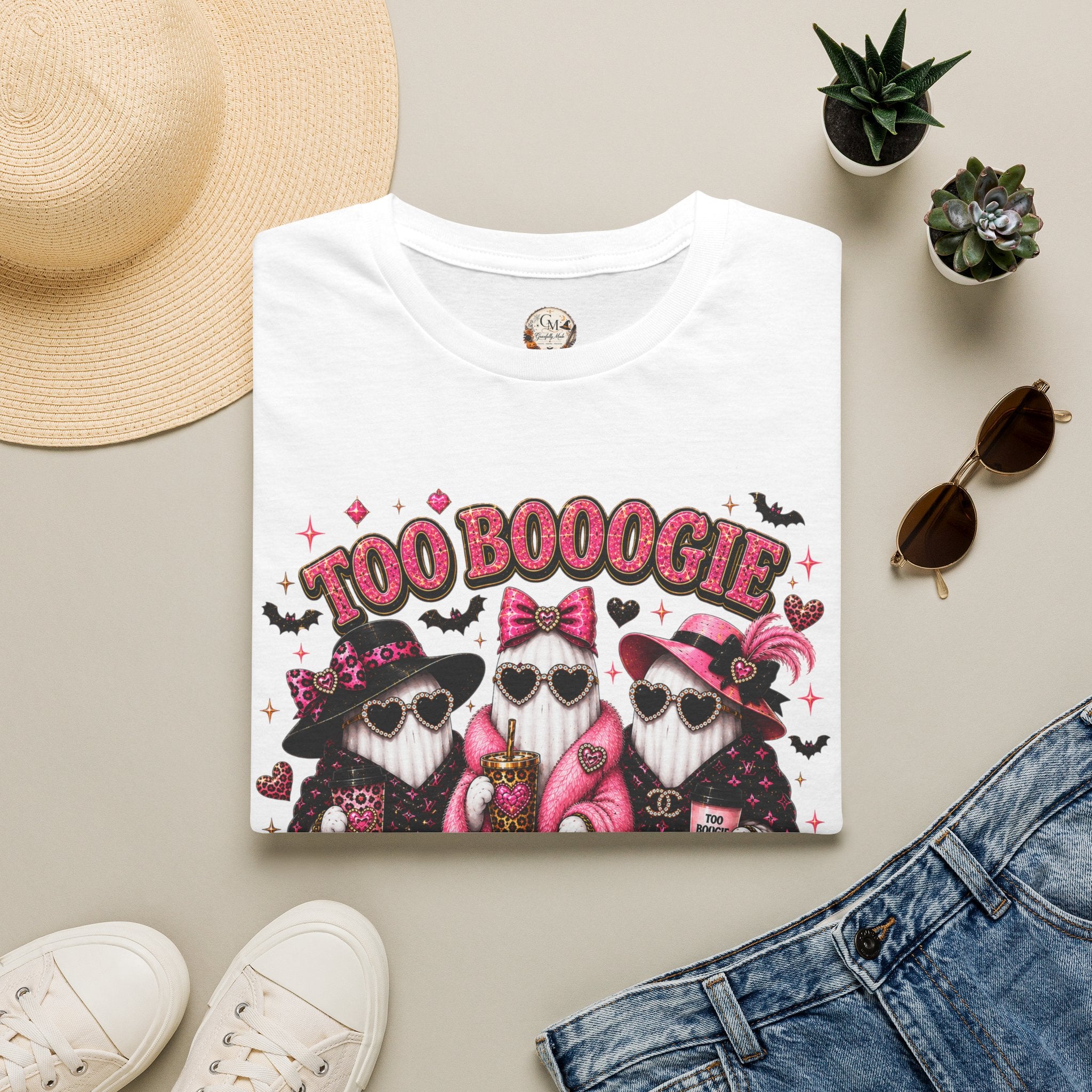 Too Booogie to Boo Halloween Ghost T-Shirt | Pink Glam Spooky Season Tee