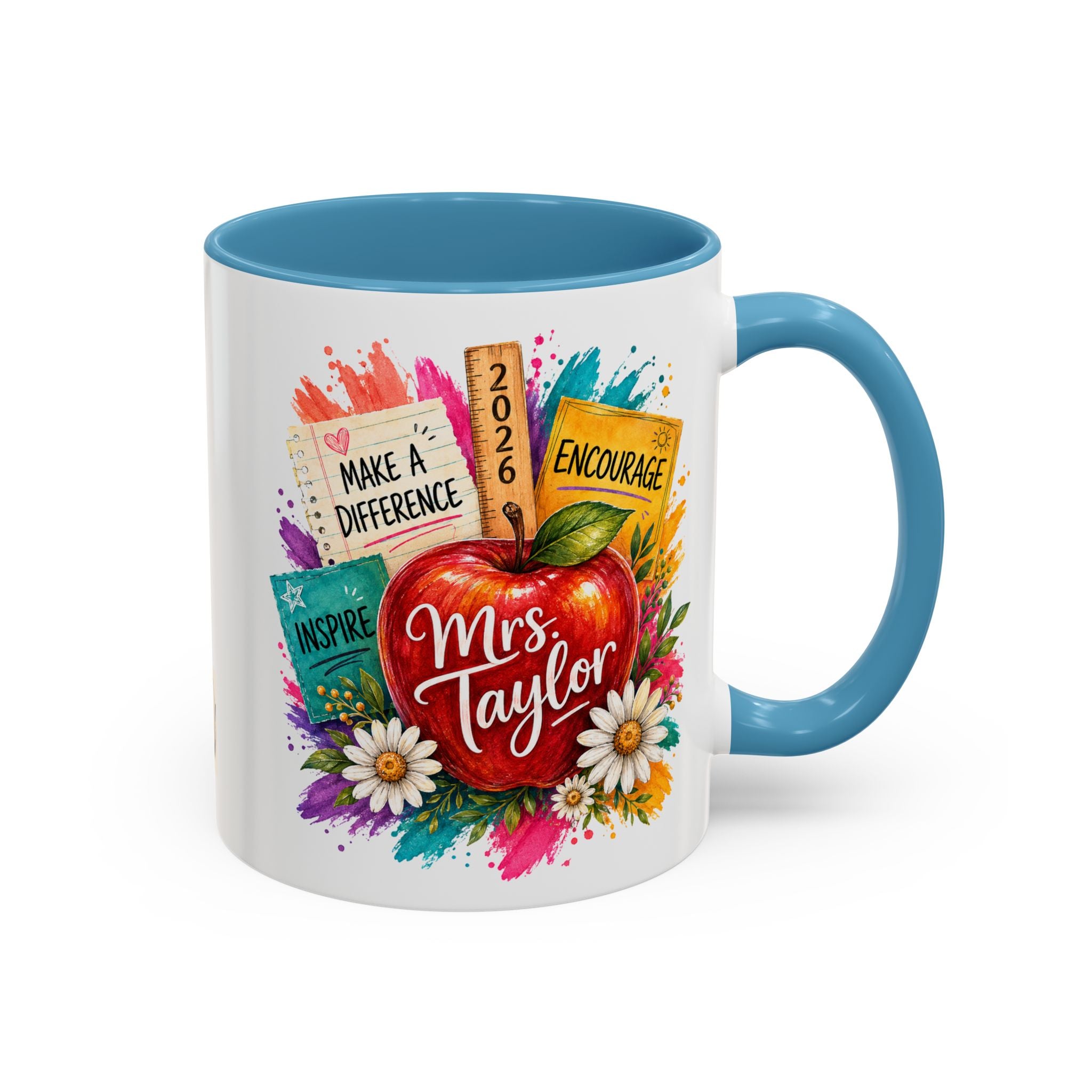 Teacher Coffee Mug — Personalized "Mrs. Taylor" Apple Design (Inspire, Encourage, Make a Difference)