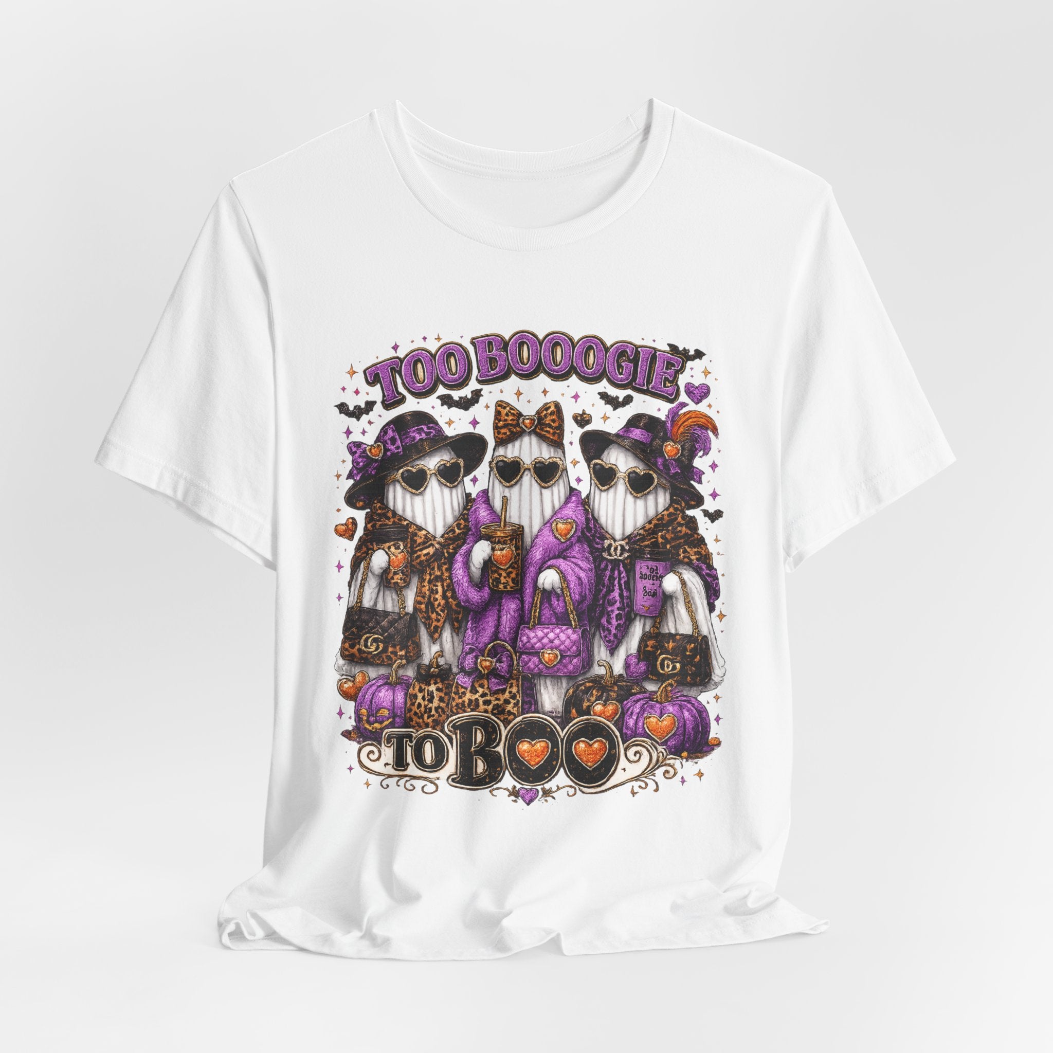 Too Booogie to Boo Halloween Ghost T-Shirt – Purple & Orange Glam Spooky Tee