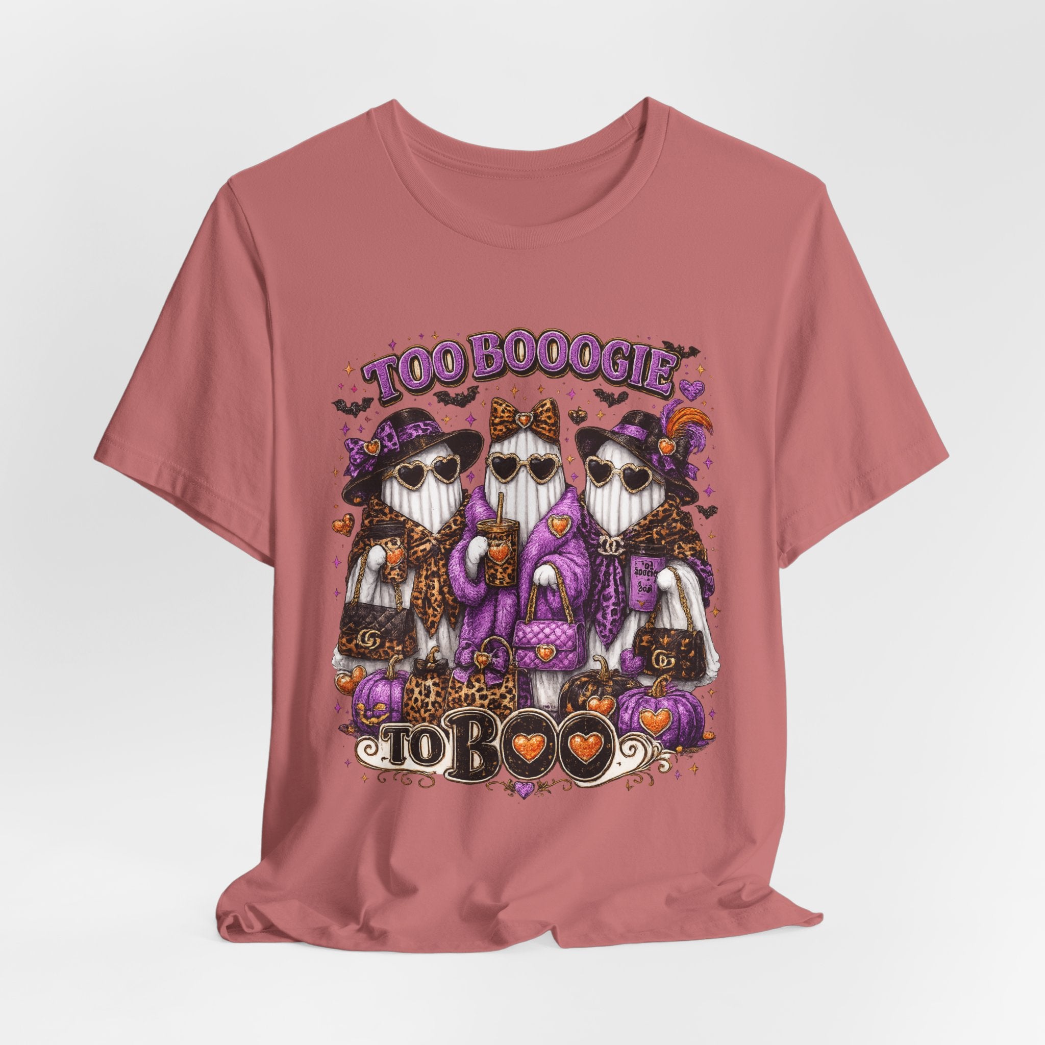 Too Booogie to Boo Halloween Ghost T-Shirt – Purple & Orange Glam Spooky Tee