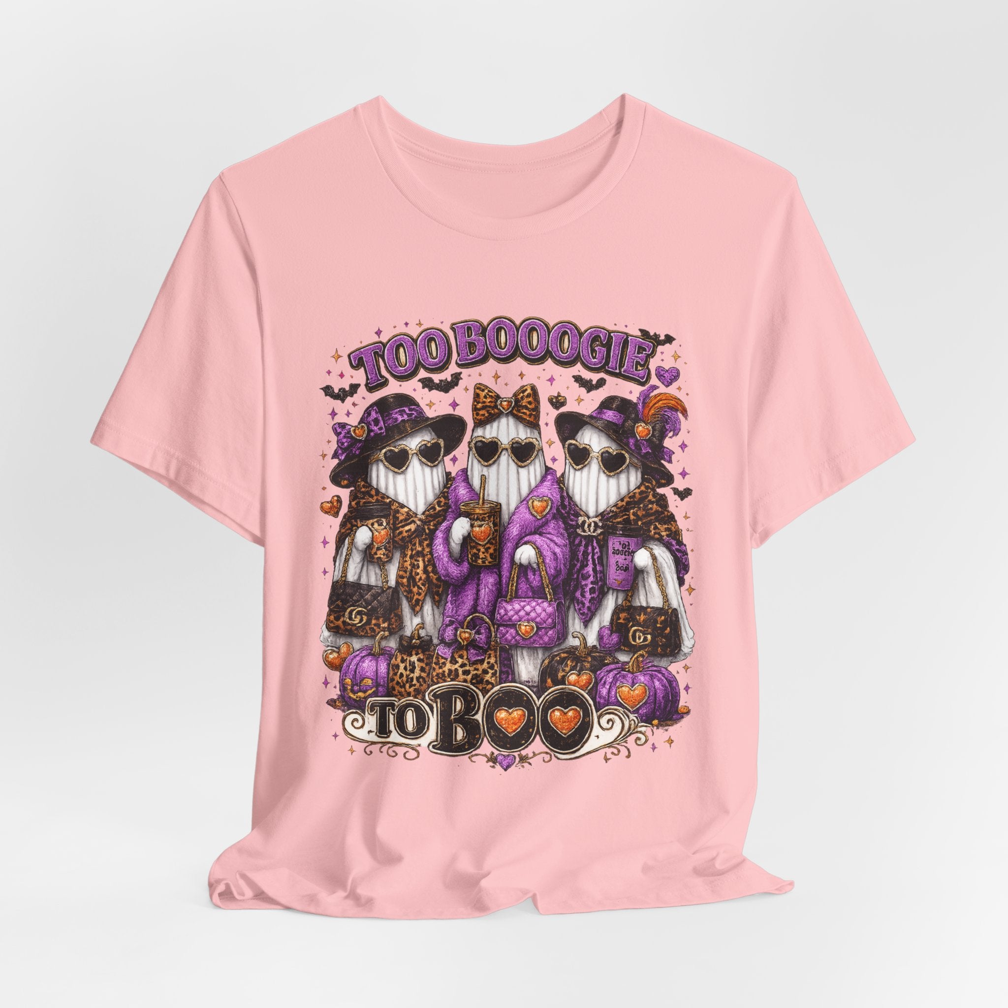 Too Booogie to Boo Halloween Ghost T-Shirt – Purple & Orange Glam Spooky Tee