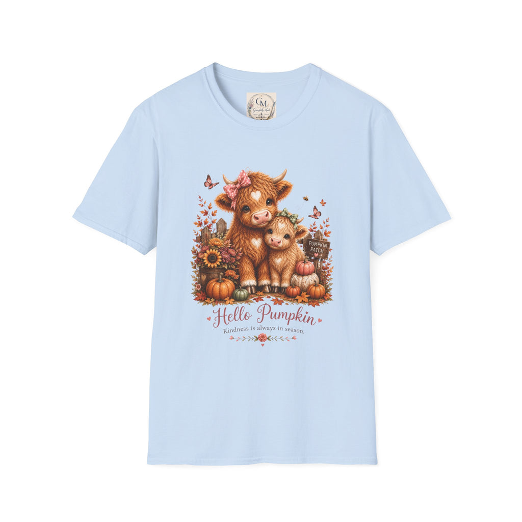Hello Pumpkin Cow T-Shirt — Cute Autumn Highland Calf Tee