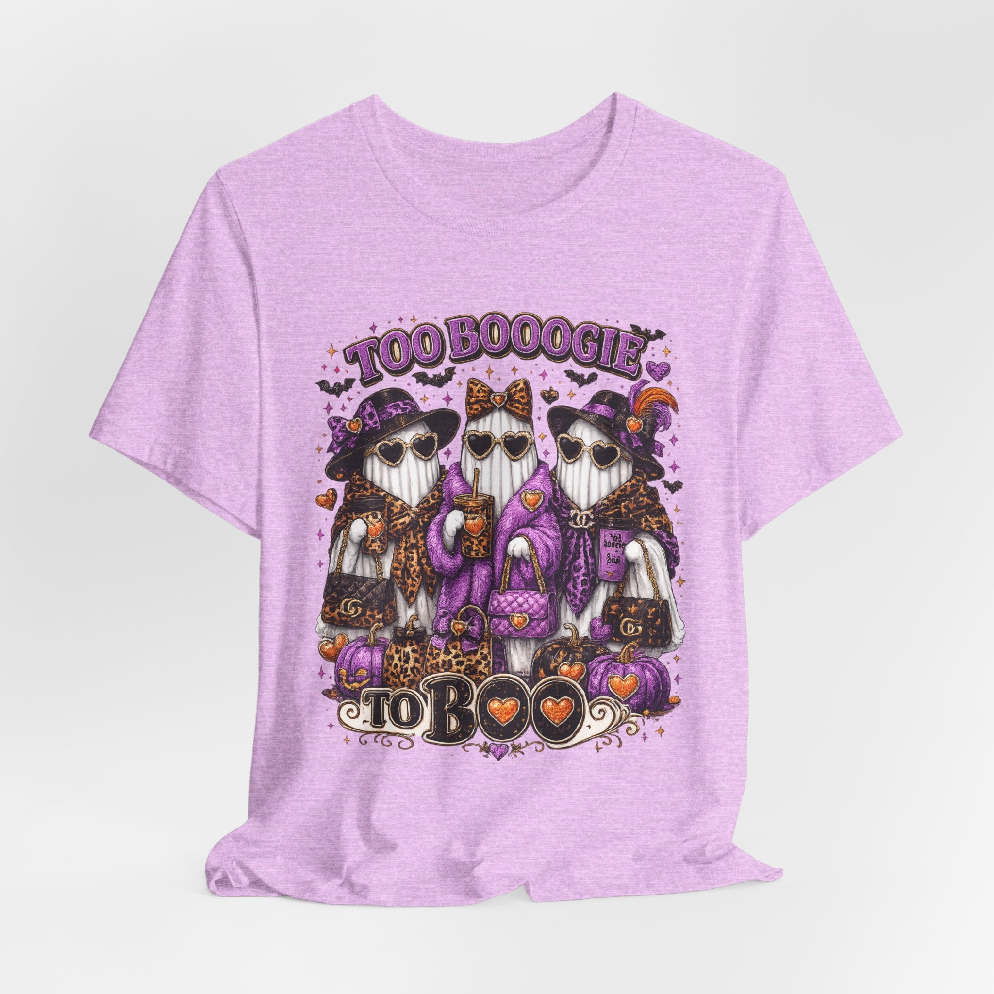 Too Booogie to Boo Halloween Ghost T-Shirt – Purple & Orange Glam Spooky Tee