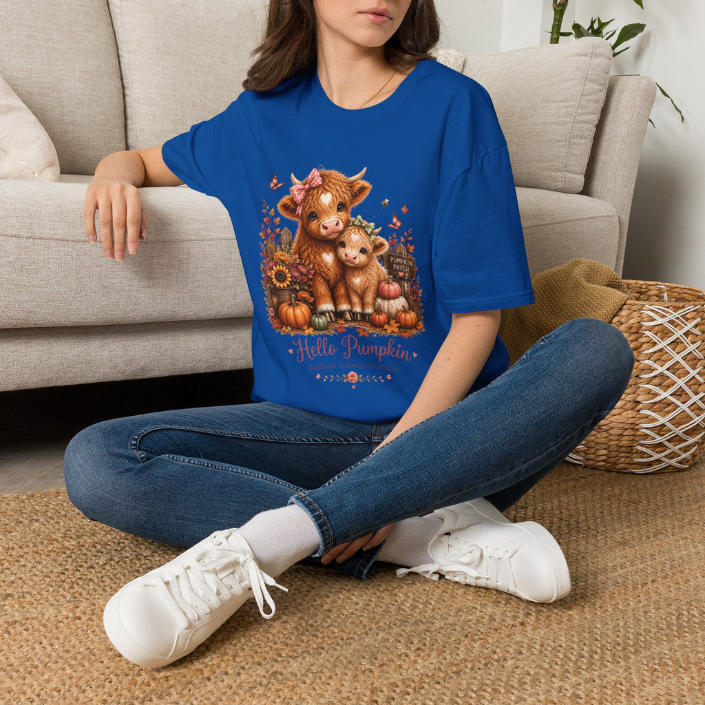 Hello Pumpkin Cow T-Shirt — Cute Autumn Highland Calf Tee
