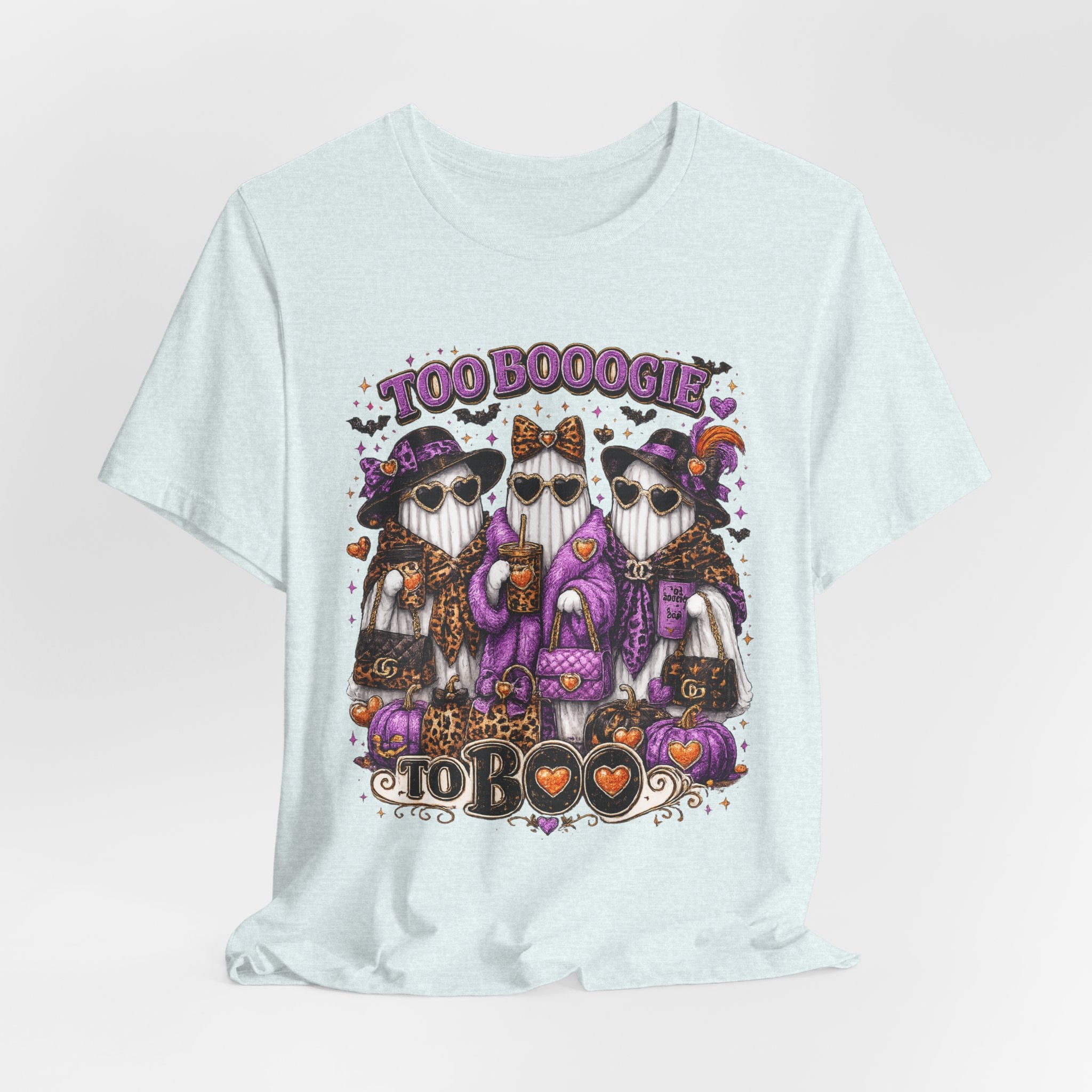 Too Booogie to Boo Halloween Ghost T-Shirt – Purple & Orange Glam Spooky Tee