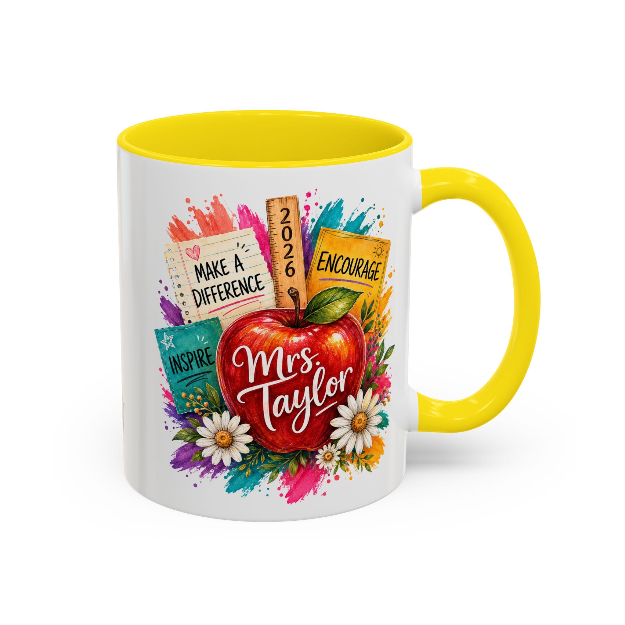 Teacher Coffee Mug — Personalized "Mrs. Taylor" Apple Design (Inspire, Encourage, Make a Difference)
