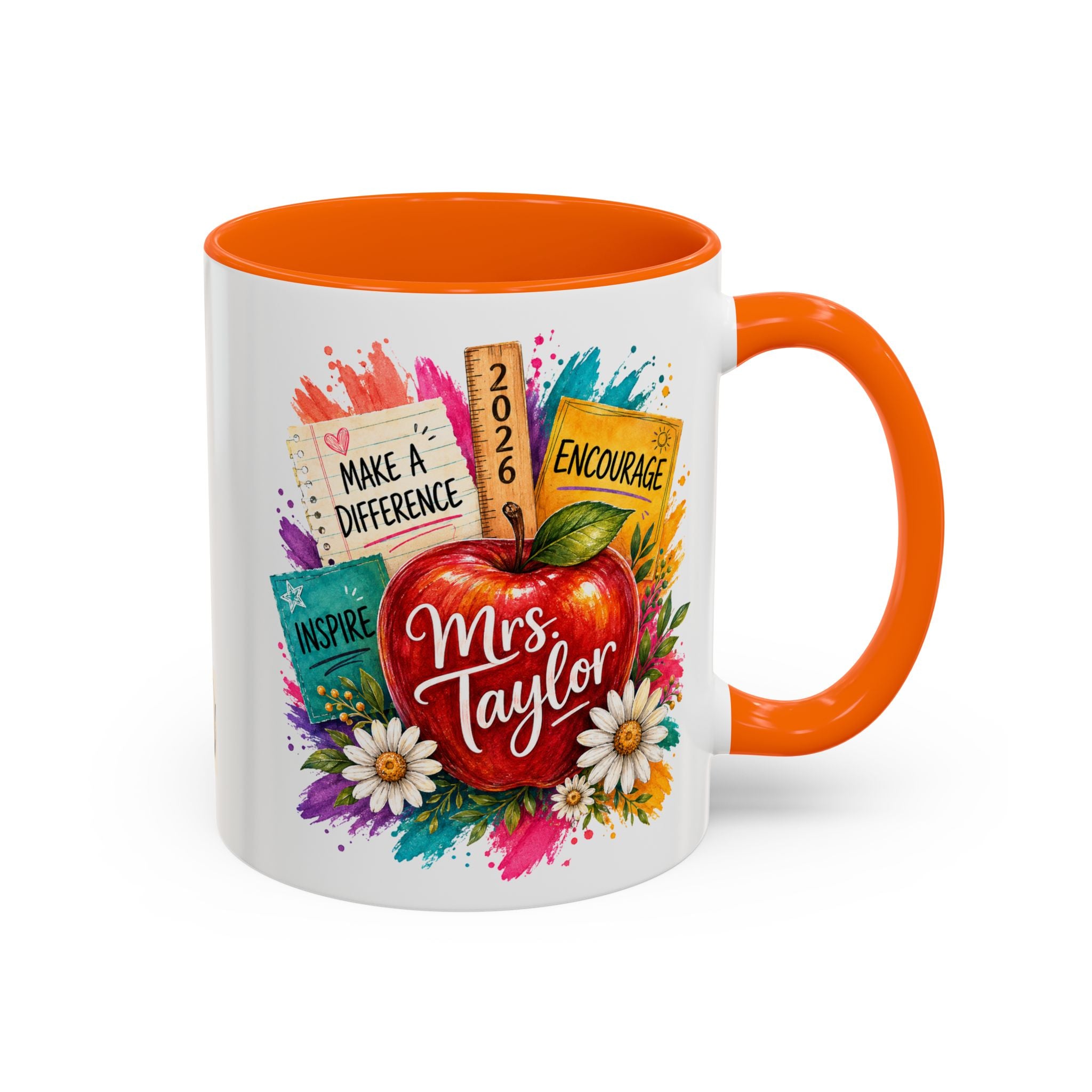 Teacher Coffee Mug — Personalized "Mrs. Taylor" Apple Design (Inspire, Encourage, Make a Difference)
