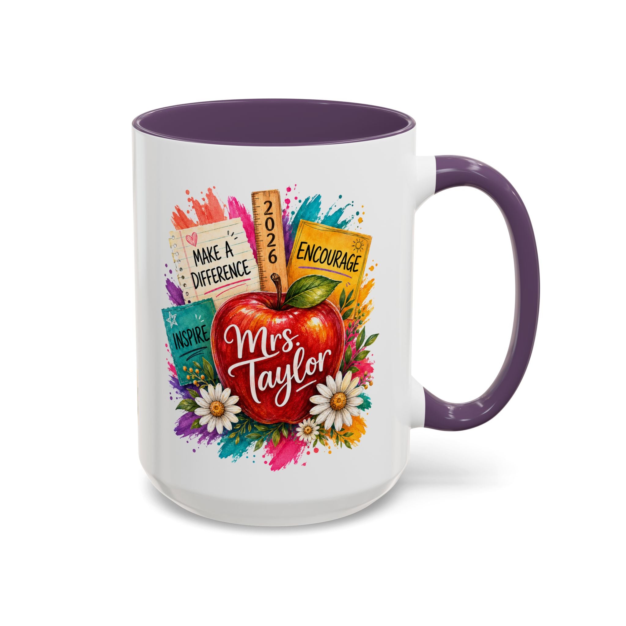 Teacher Coffee Mug — Personalized "Mrs. Taylor" Apple Design (Inspire, Encourage, Make a Difference)