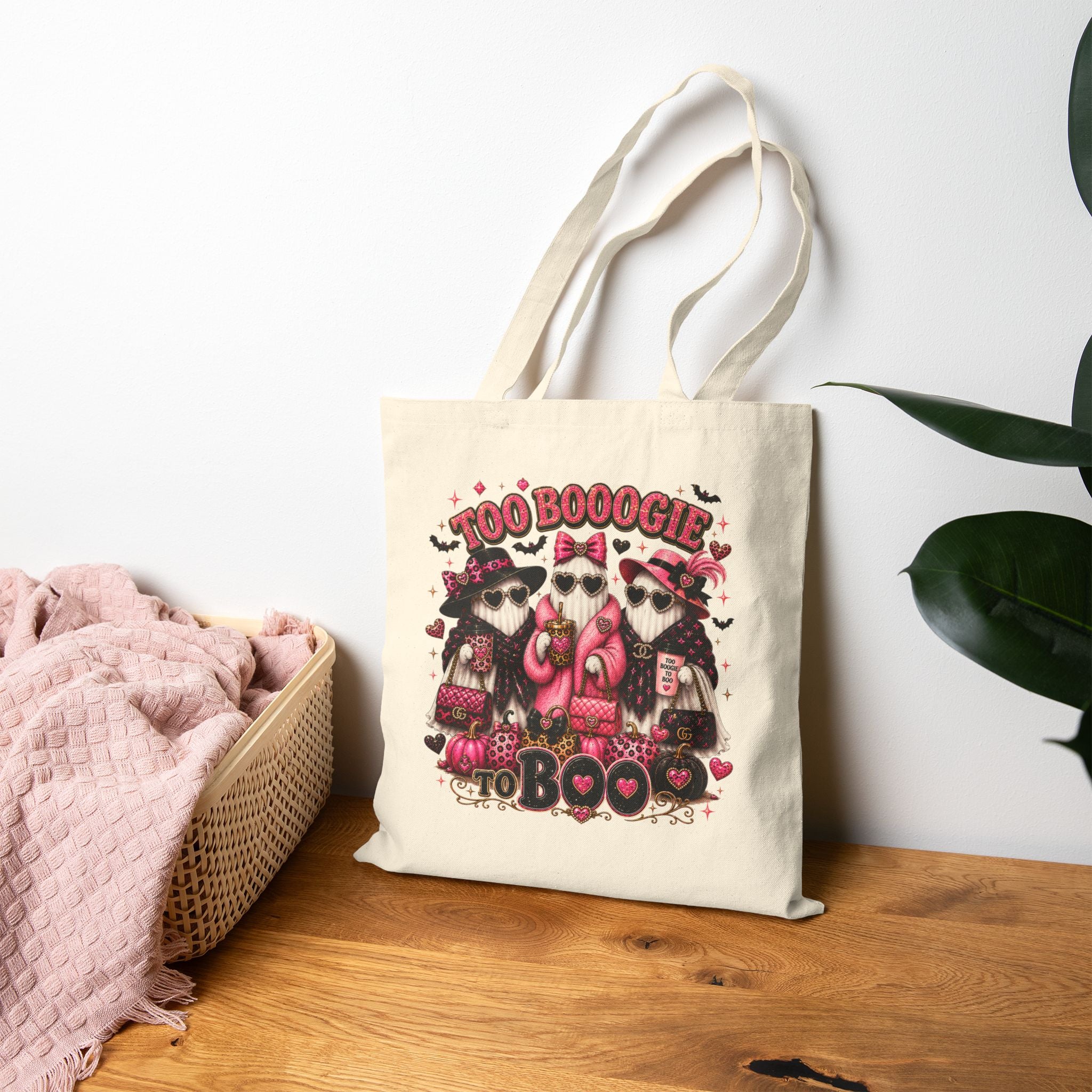 Too BOOOGIE to BOO Halloween Tote Bag | Pink Ghost Canvas Bag