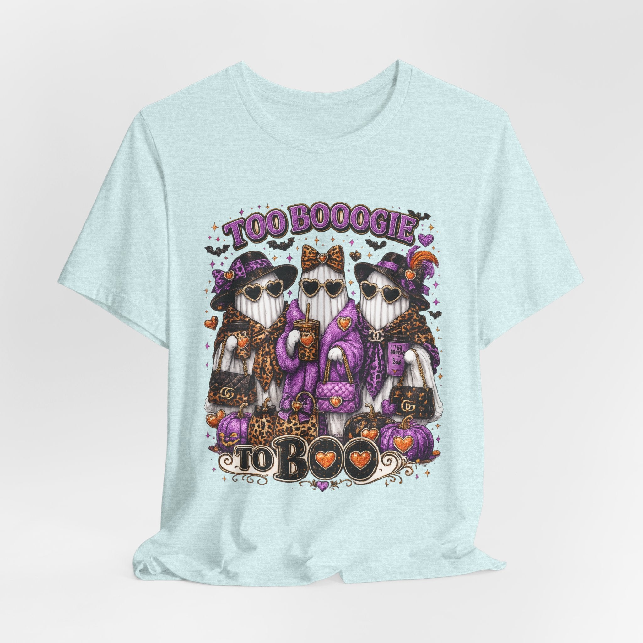 Too Booogie to Boo Halloween Ghost T-Shirt – Purple & Orange Glam Spooky Tee