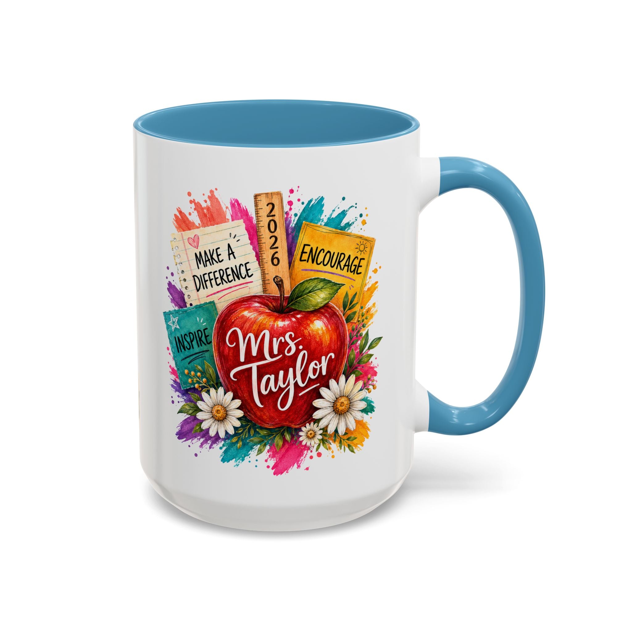 Teacher Coffee Mug — Personalized "Mrs. Taylor" Apple Design (Inspire, Encourage, Make a Difference)