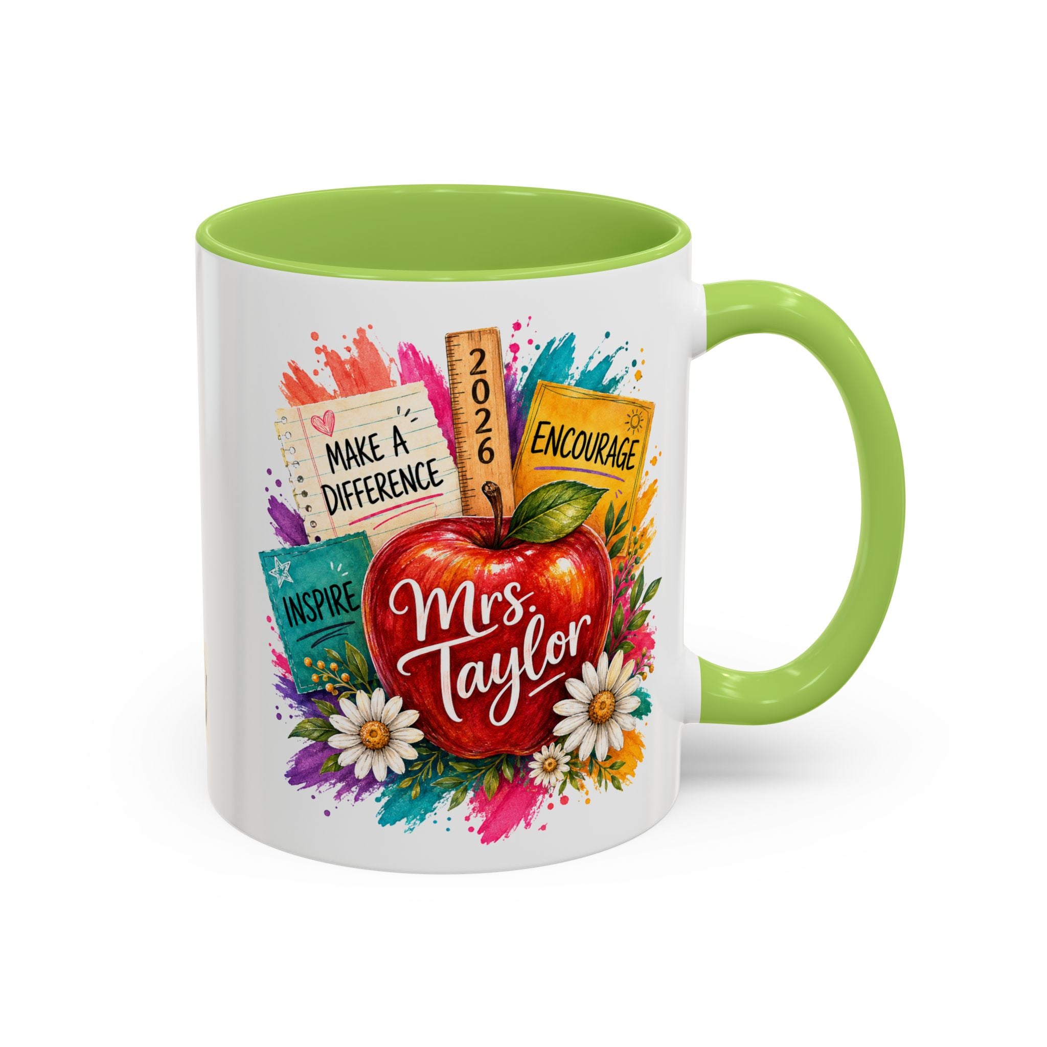 Teacher Coffee Mug — Personalized "Mrs. Taylor" Apple Design (Inspire, Encourage, Make a Difference)