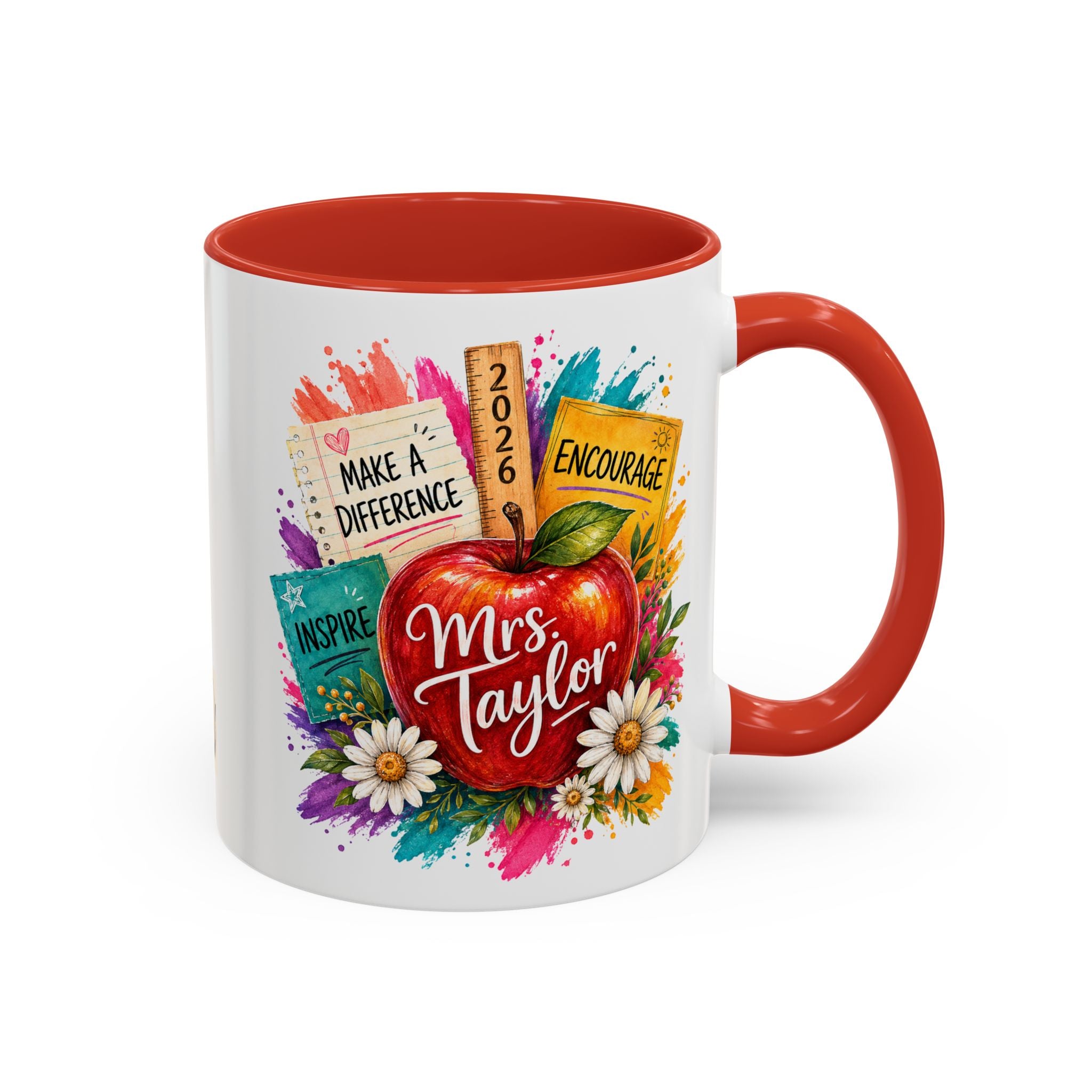 Teacher Coffee Mug — Personalized "Mrs. Taylor" Apple Design (Inspire, Encourage, Make a Difference)