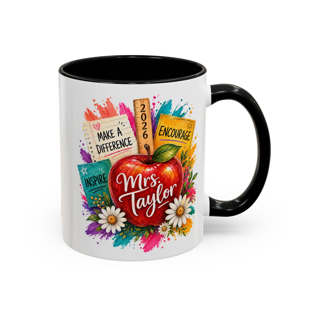Teacher Coffee Mug — Personalized "Mrs. Taylor" Apple Design (Inspire, Encourage, Make a Difference)