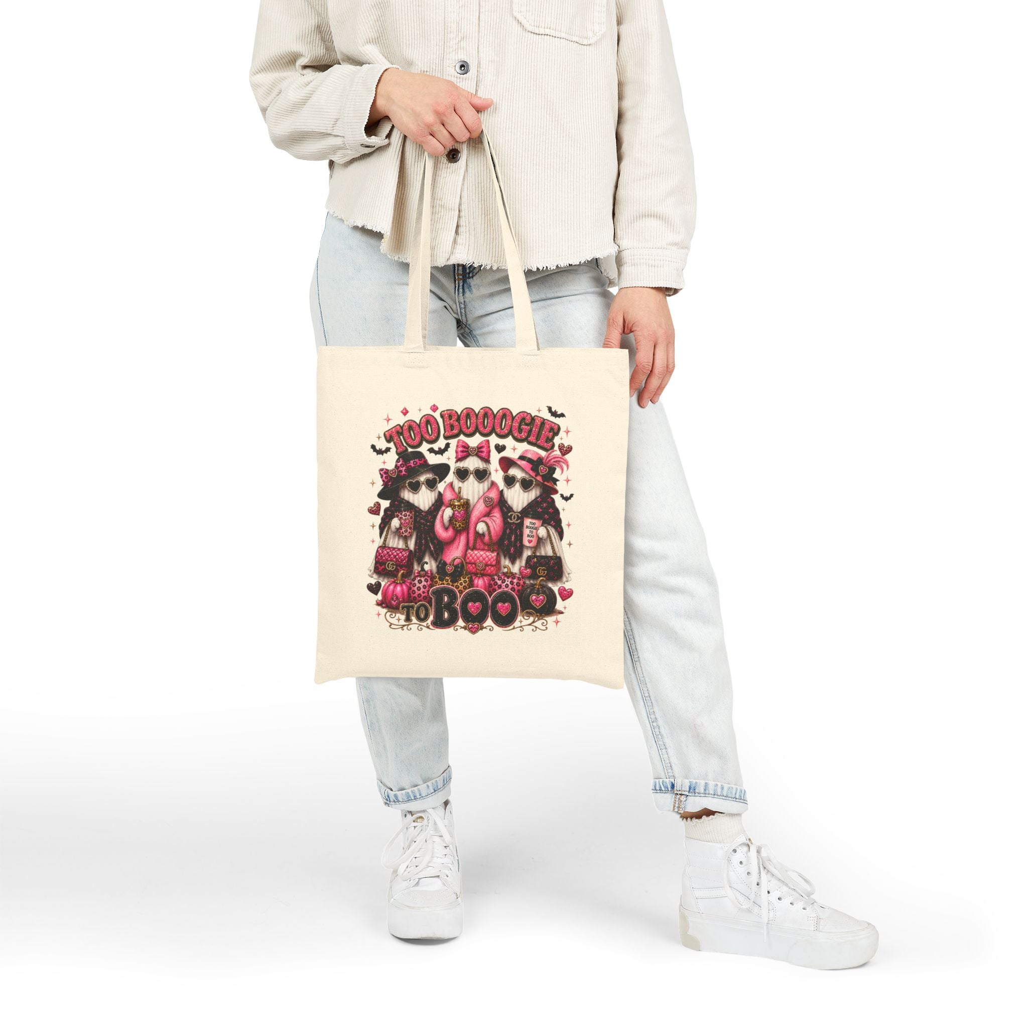 Too BOOOGIE to BOO Halloween Tote Bag | Pink Ghost Canvas Bag
