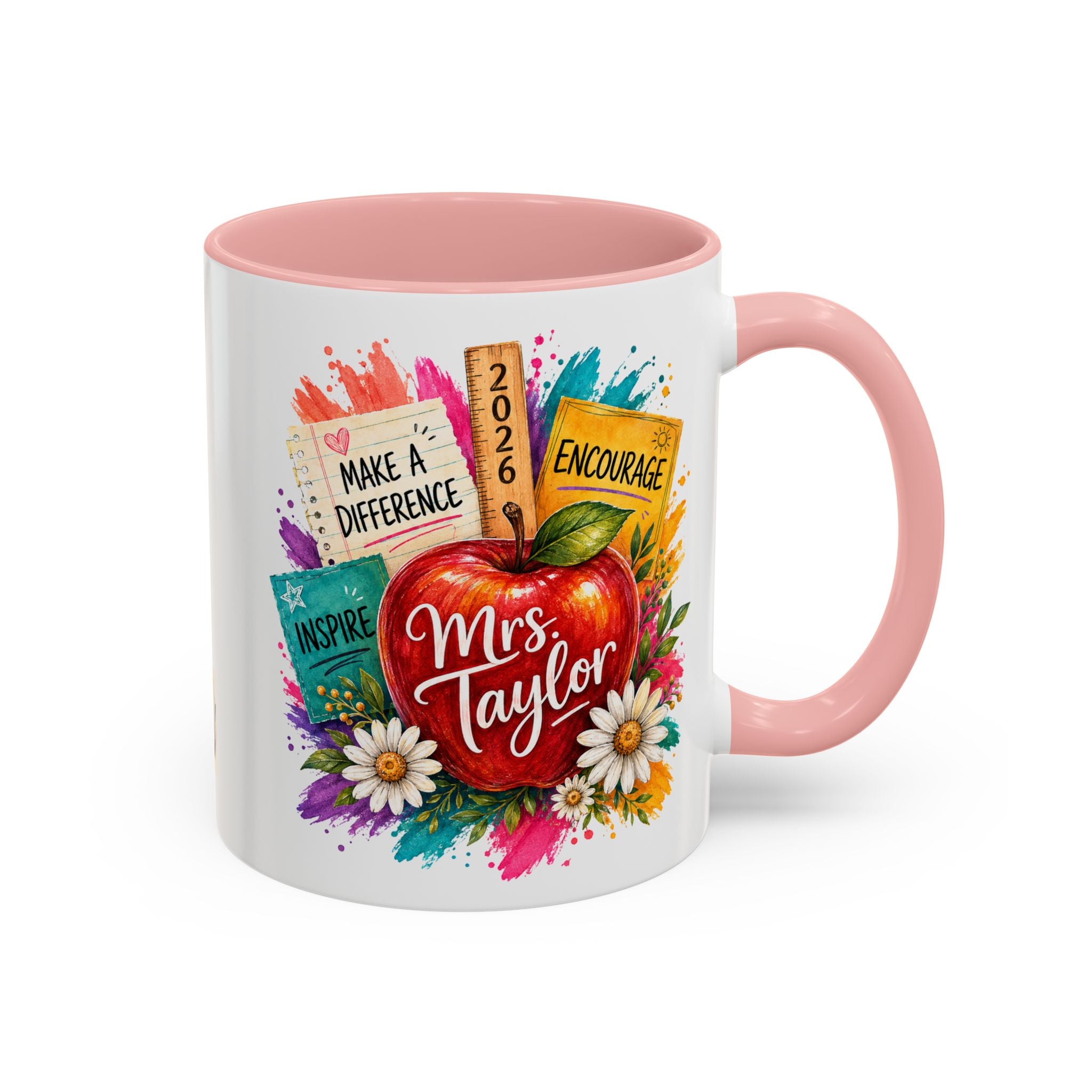 Teacher Coffee Mug — Personalized "Mrs. Taylor" Apple Design (Inspire, Encourage, Make a Difference)