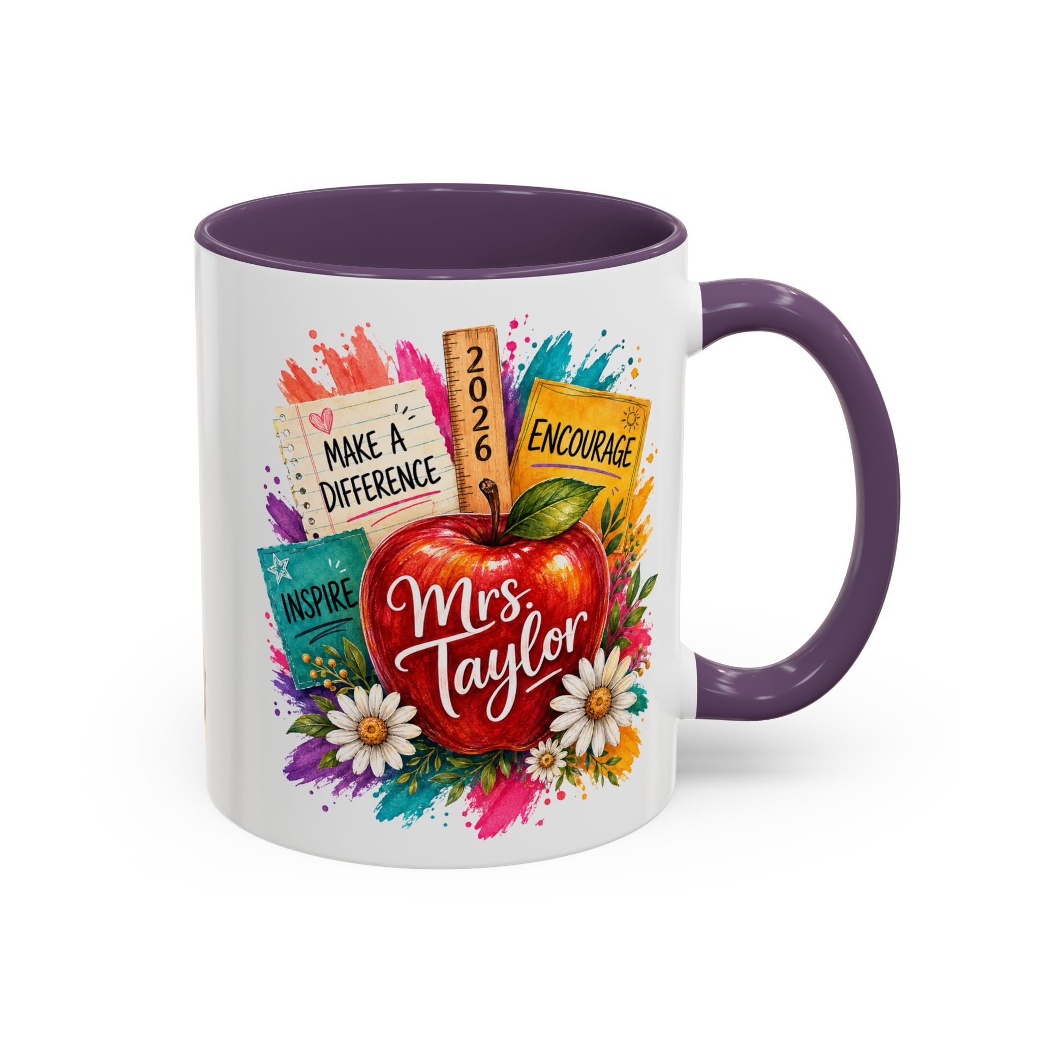 Teacher Coffee Mug — Personalized "Mrs. Taylor" Apple Design (Inspire, Encourage, Make a Difference)
