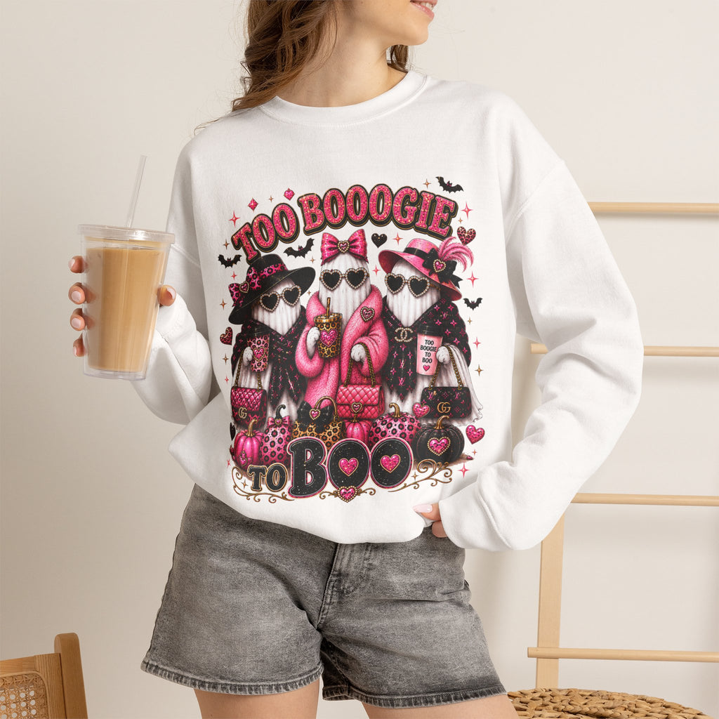 Too Booogie to Boo Halloween Sweatshirt | Cute Pink Ghost Crewneck | Spooky Season Sweatshirt
