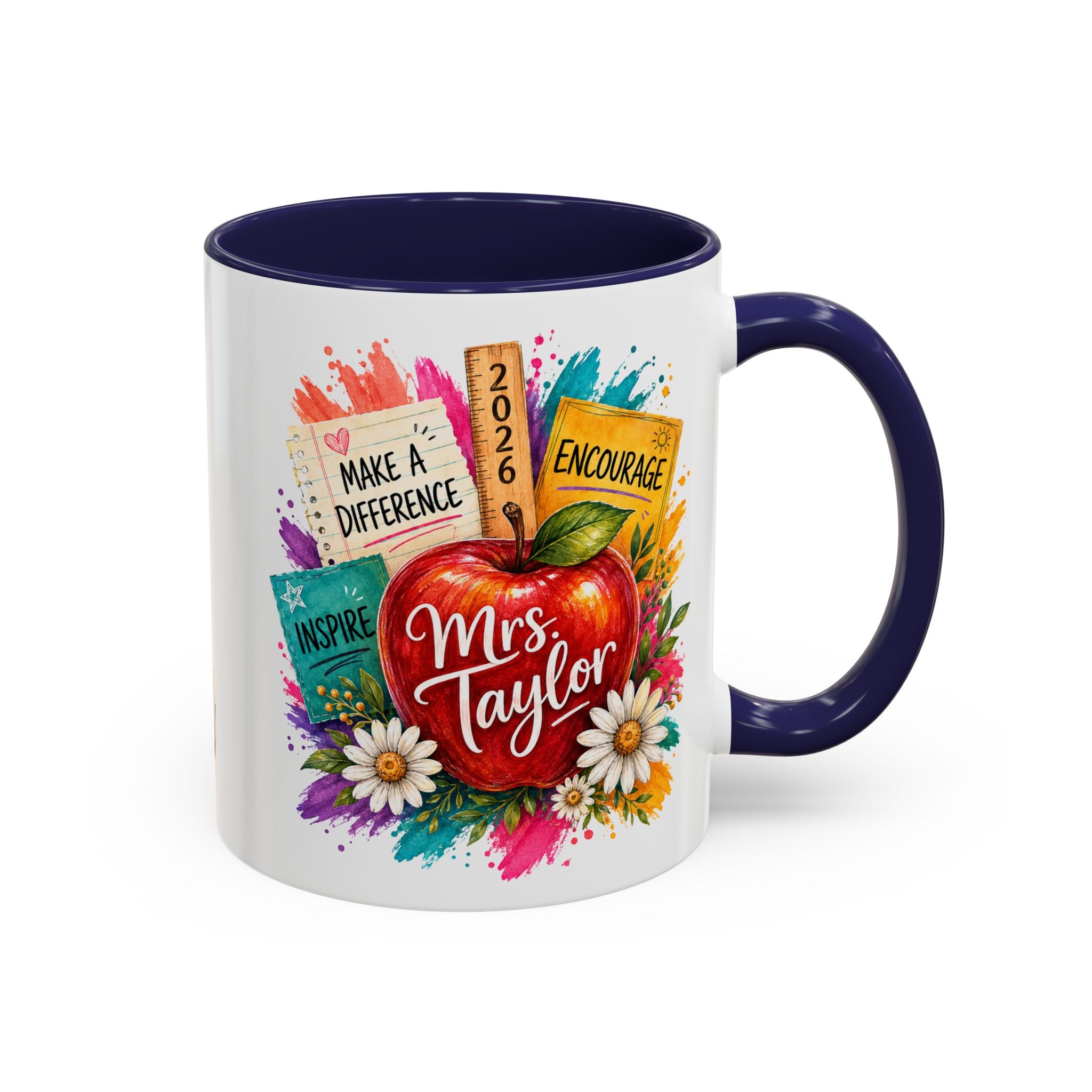 Teacher Coffee Mug — Personalized "Mrs. Taylor" Apple Design (Inspire, Encourage, Make a Difference)