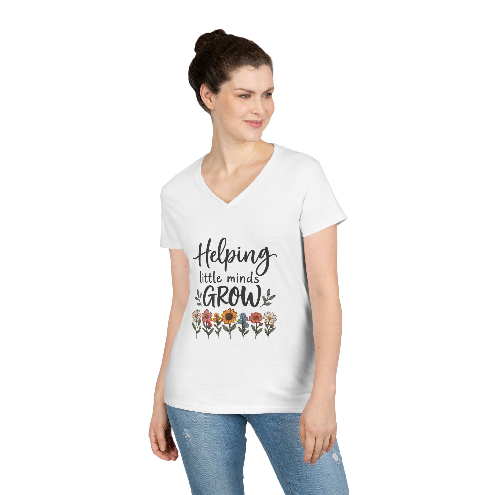 Helping Little Minds Grow V-Neck Tee — Teacher Appreciation Floral T-Shirt