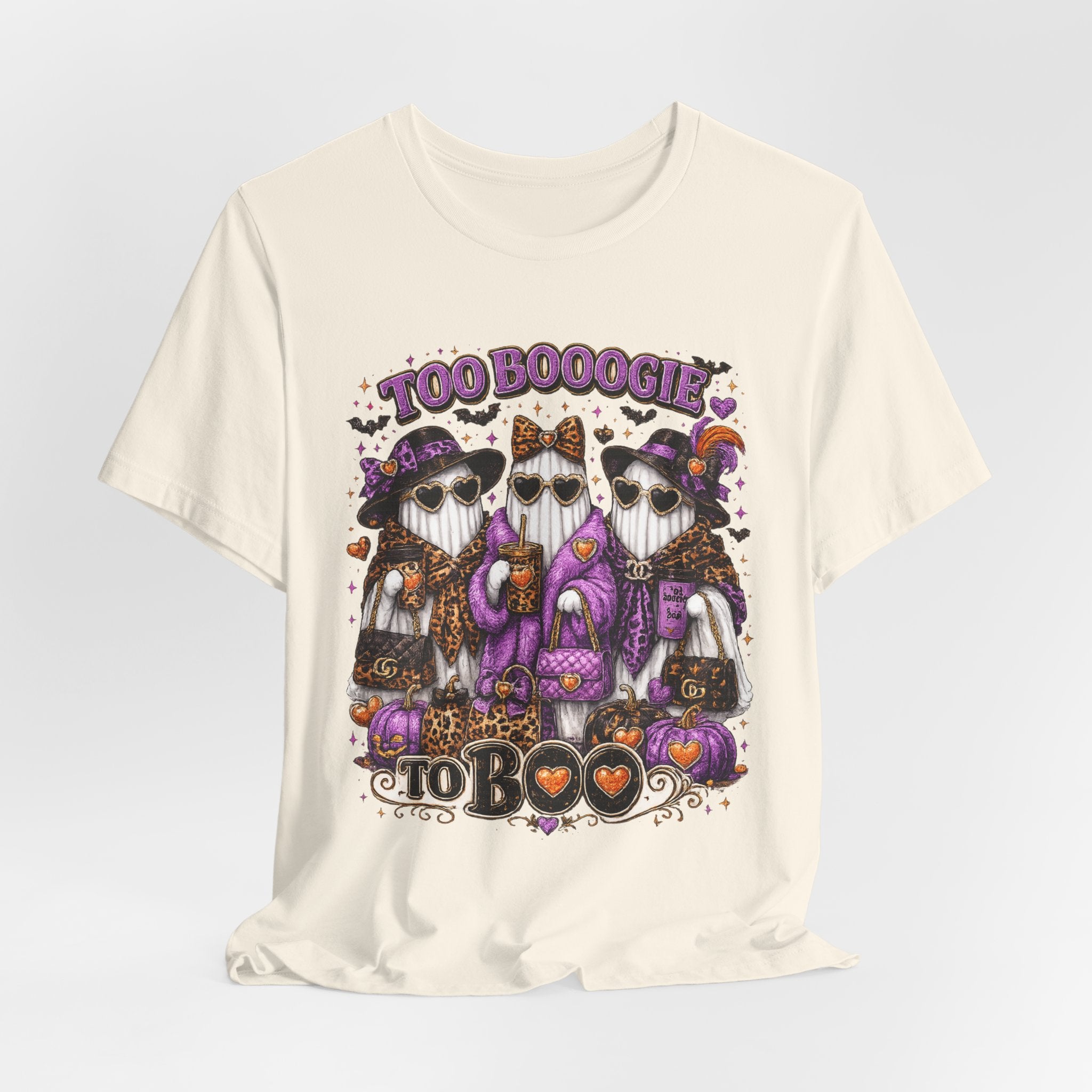 Too Booogie to Boo Halloween Ghost T-Shirt – Purple & Orange Glam Spooky Tee