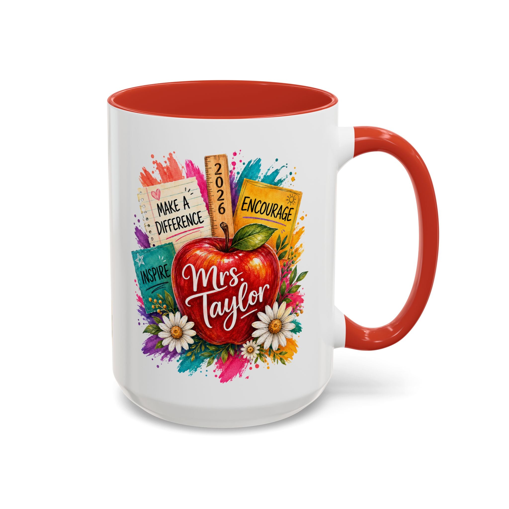 Teacher Coffee Mug — Personalized "Mrs. Taylor" Apple Design (Inspire, Encourage, Make a Difference)