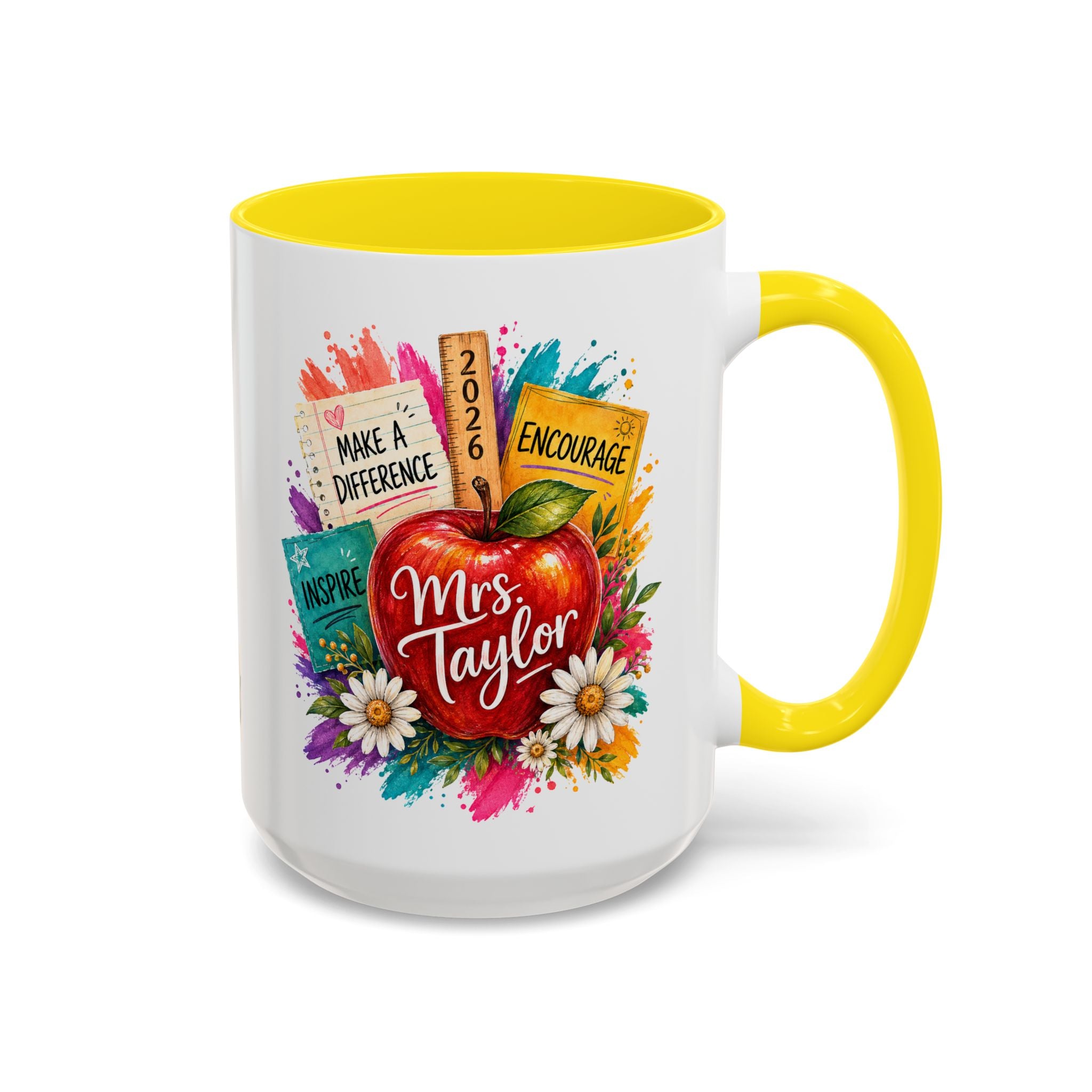 Teacher Coffee Mug — Personalized "Mrs. Taylor" Apple Design (Inspire, Encourage, Make a Difference)