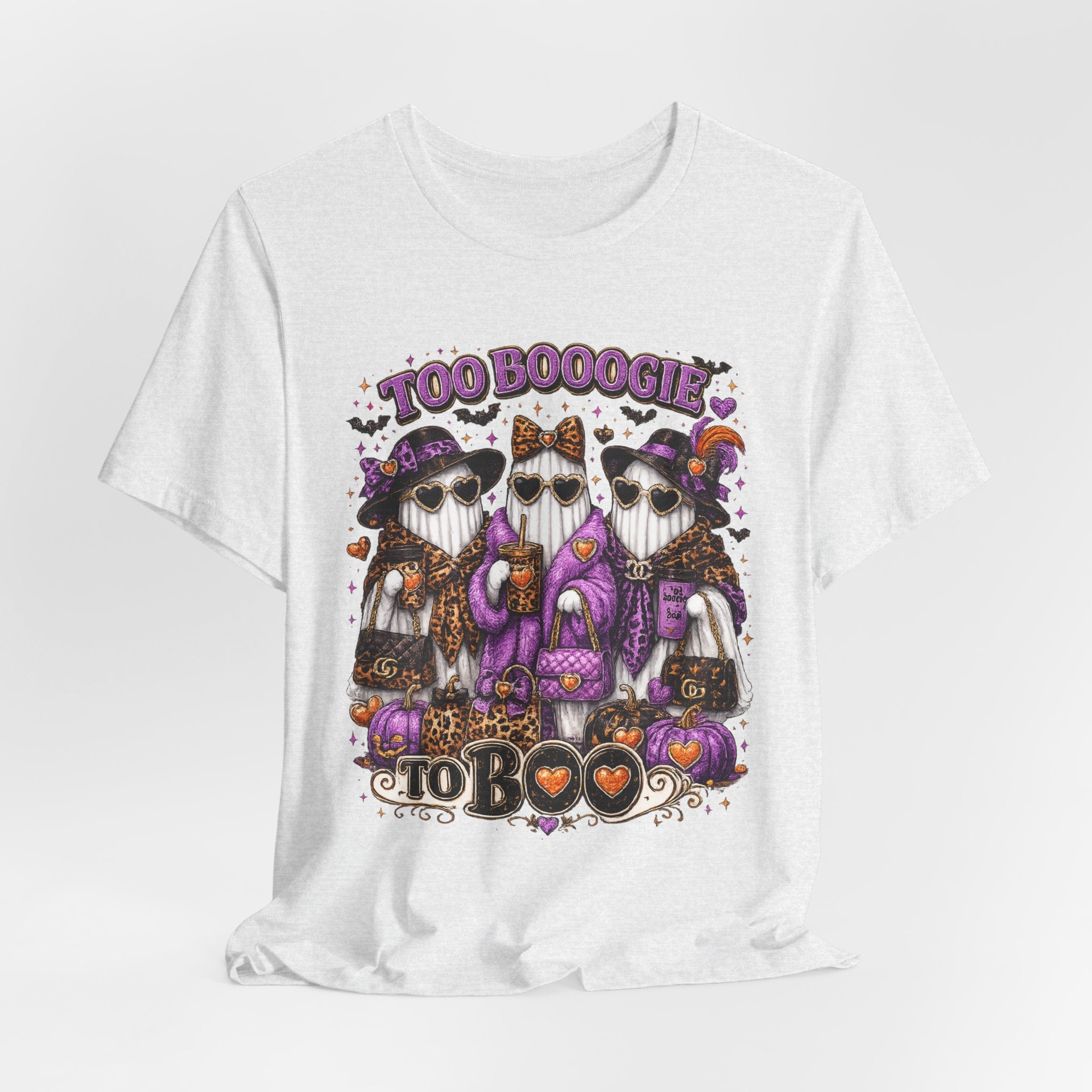 Too Booogie to Boo Halloween Ghost T-Shirt – Purple & Orange Glam Spooky Tee