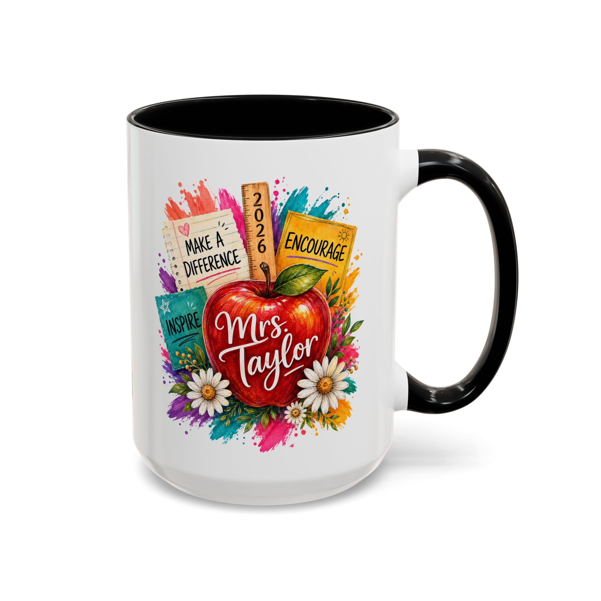 Teacher Coffee Mug — Personalized "Mrs. Taylor" Apple Design (Inspire, Encourage, Make a Difference)