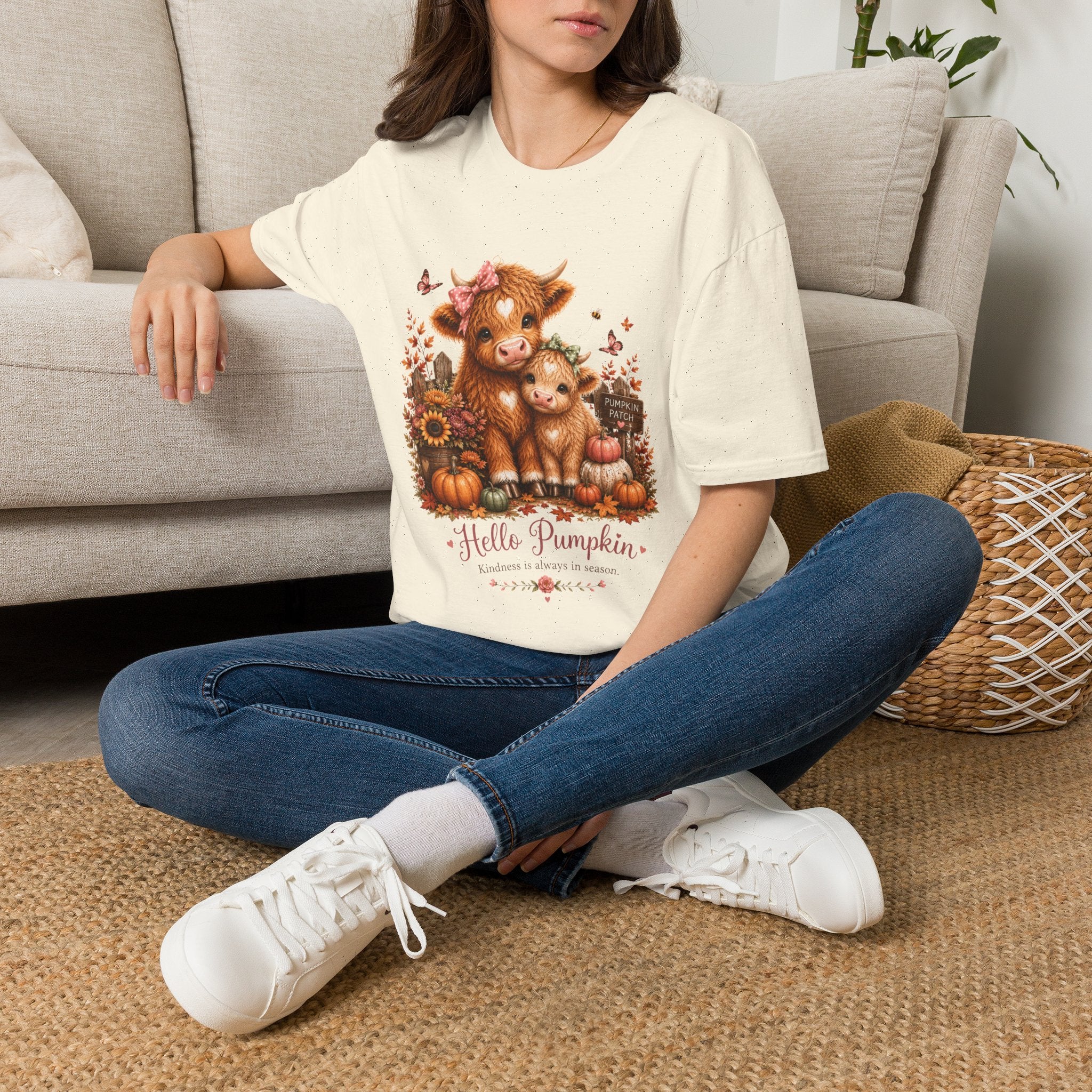 Hello Pumpkin Cow T-Shirt — Cute Autumn Highland Calf Tee