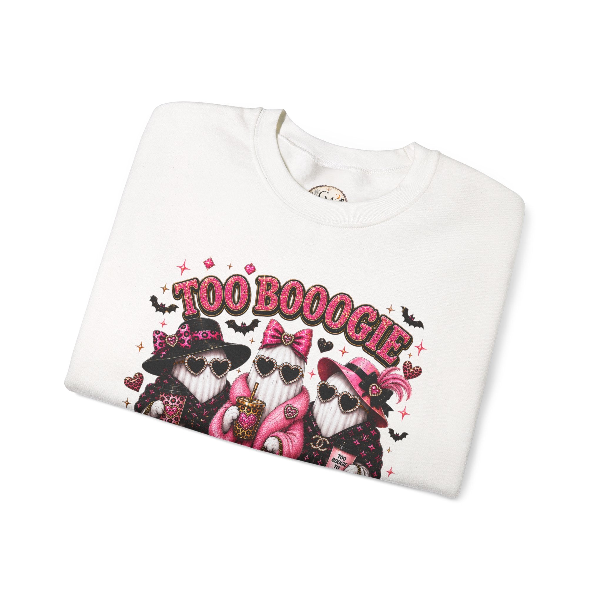 Too Booogie to Boo Halloween Sweatshirt | Cute Pink Ghost Crewneck | Spooky Season Sweatshirt
