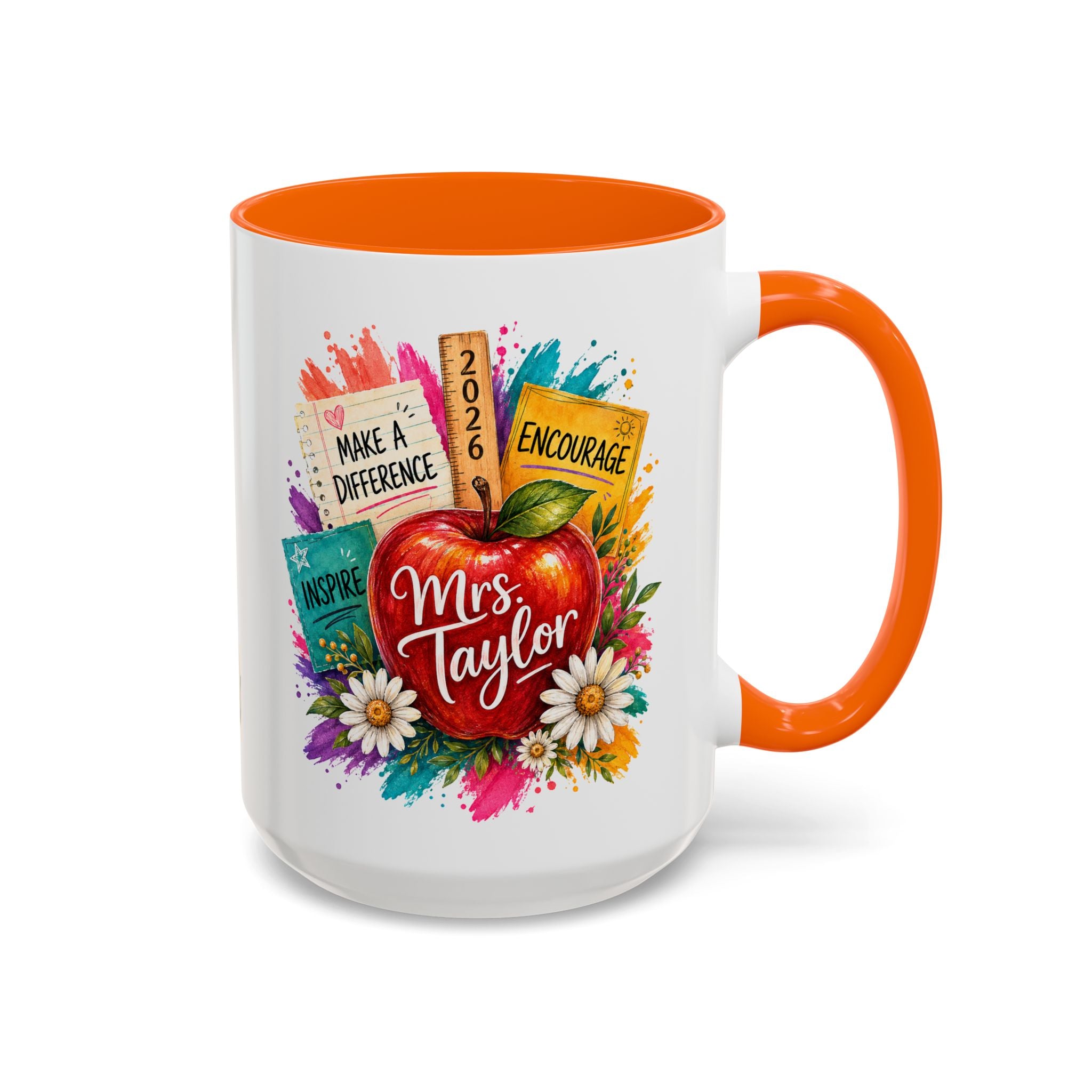 Teacher Coffee Mug — Personalized "Mrs. Taylor" Apple Design (Inspire, Encourage, Make a Difference)