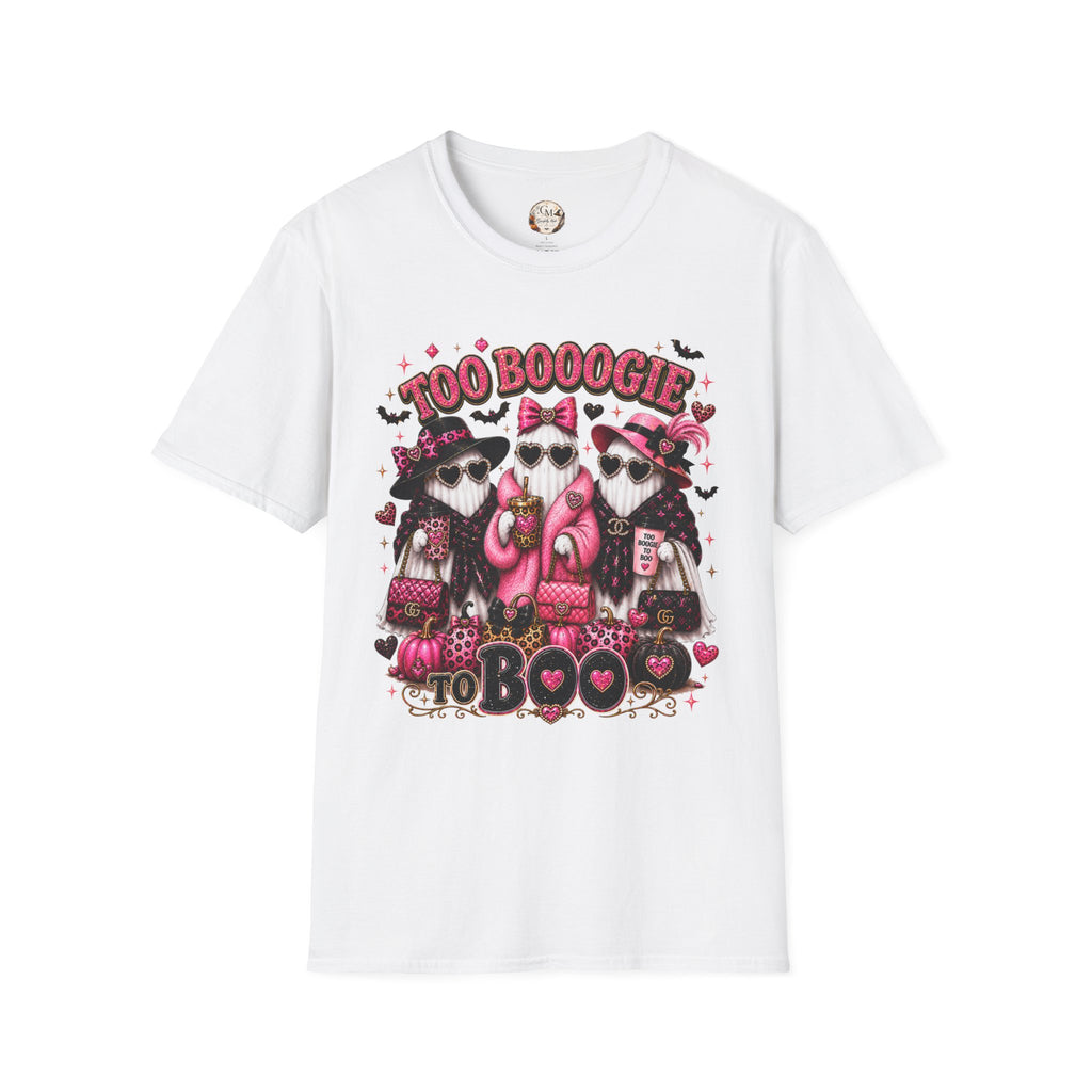 Too Booogie to Boo Halloween Ghost T-Shirt | Pink Glam Spooky Season Tee
