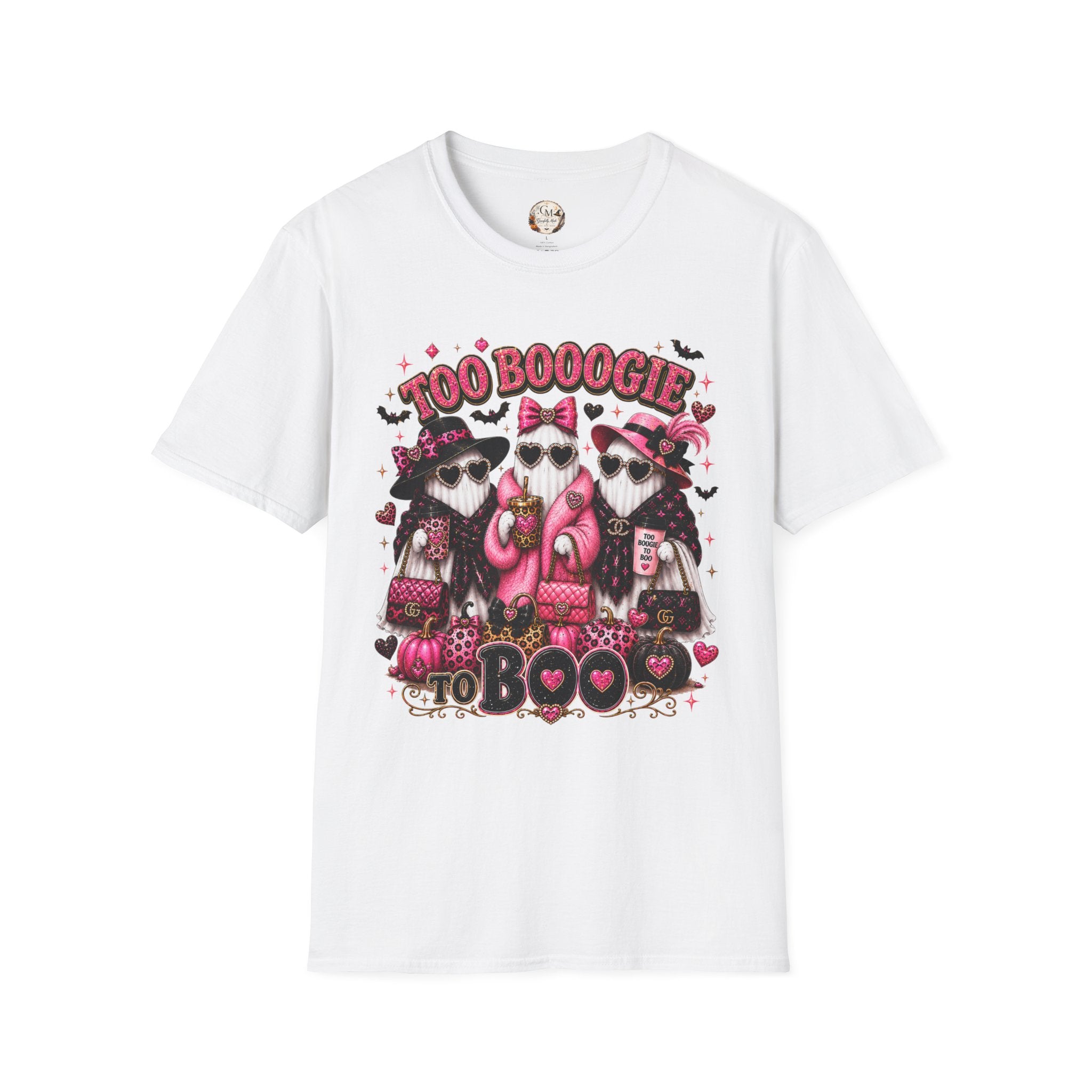 Too Booogie to Boo Halloween Ghost T-Shirt | Pink Glam Spooky Season Tee