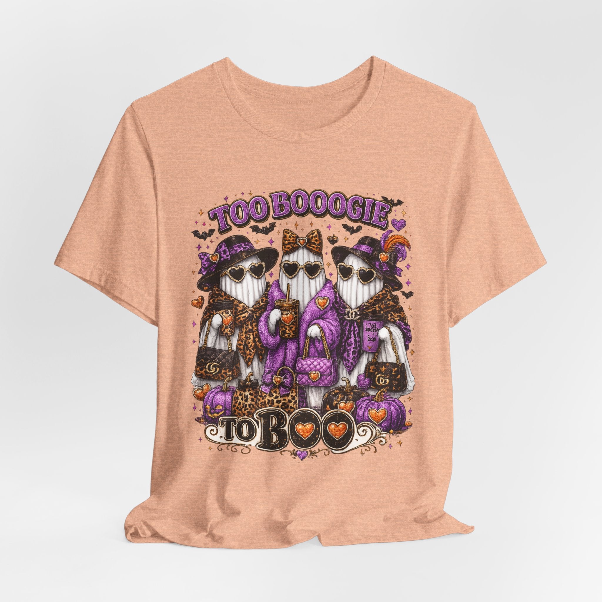 Too Booogie to Boo Halloween Ghost T-Shirt – Purple & Orange Glam Spooky Tee