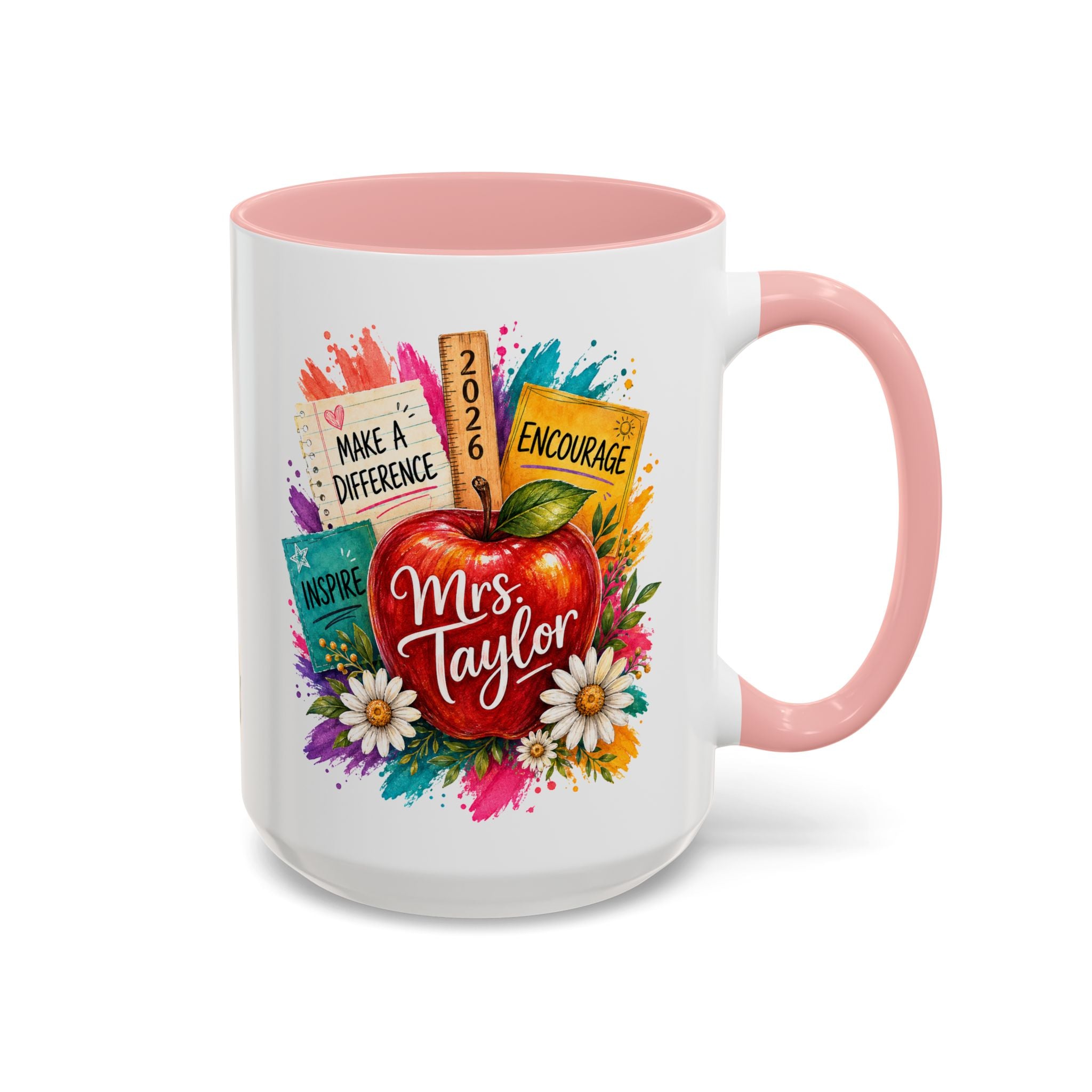 Teacher Coffee Mug — Personalized "Mrs. Taylor" Apple Design (Inspire, Encourage, Make a Difference)