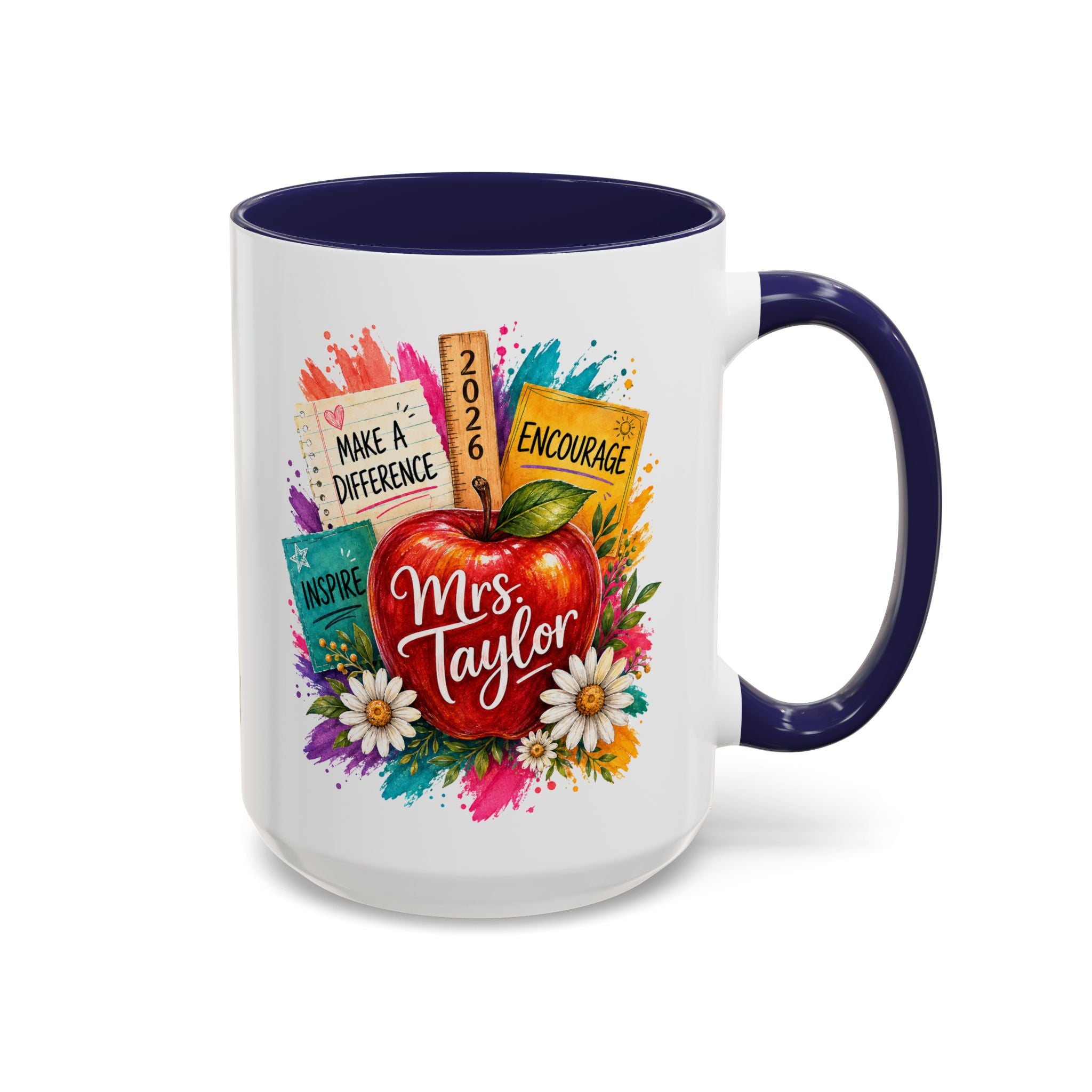Teacher Coffee Mug — Personalized "Mrs. Taylor" Apple Design (Inspire, Encourage, Make a Difference)